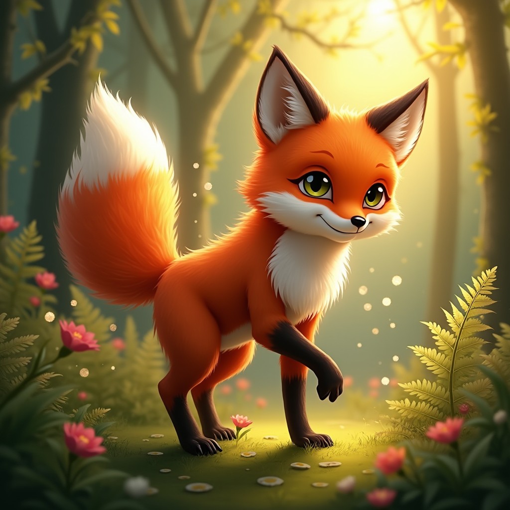 A majestic red fox as a magical familiar, showcasing its vibrant red fur with orange undertones and striking white markings