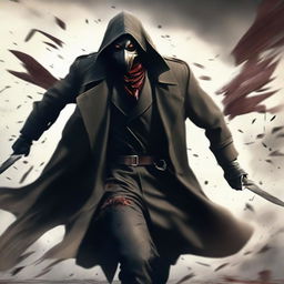 A menacing assassin in a flowing trench coat runs towards the camera in a windy environment. He's wielding a bloody knife and is adorned with a mask resembling a duck's face.