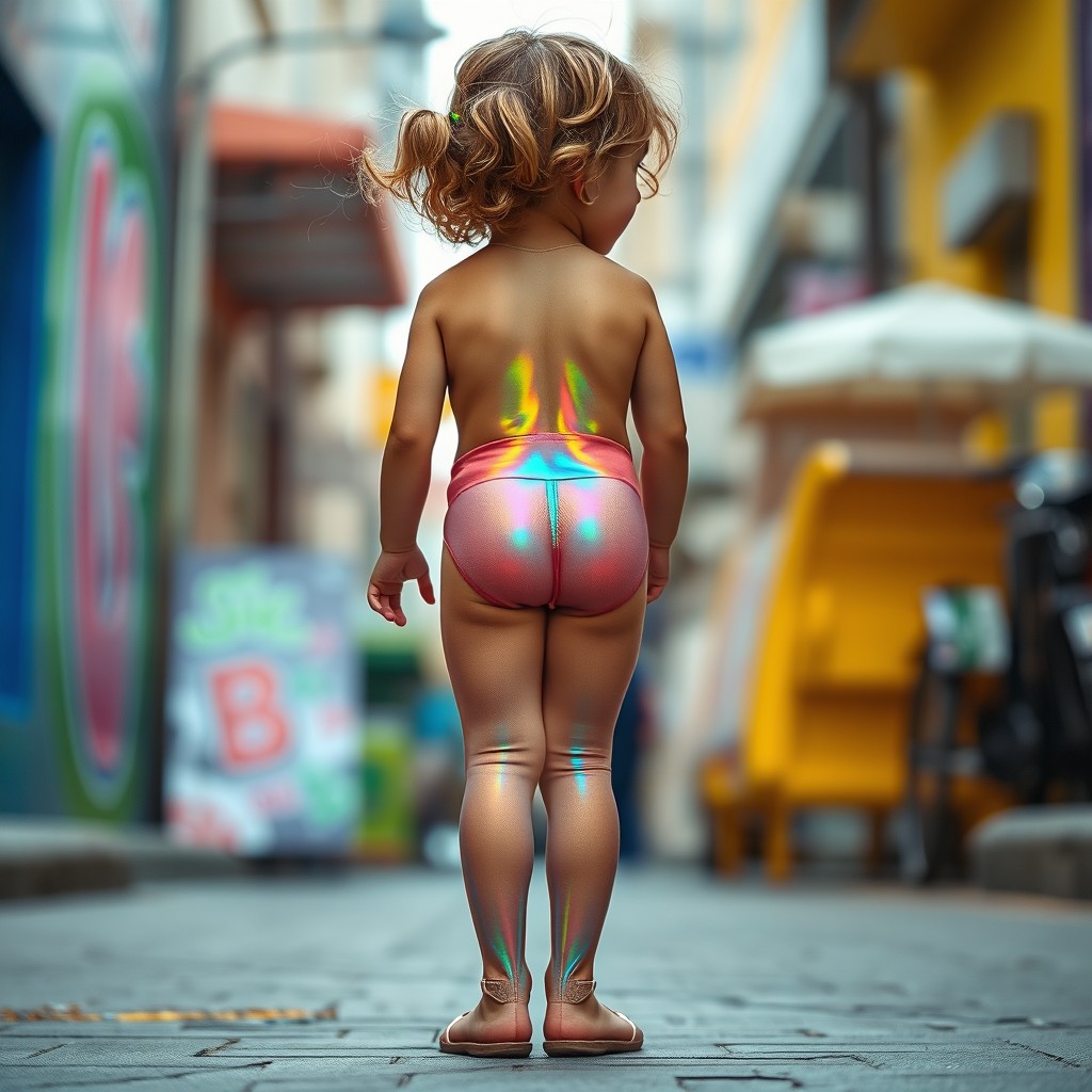 A full-body shot of a child wearing iridescent translucent tights, capturing the unique luminous quality of the fabric