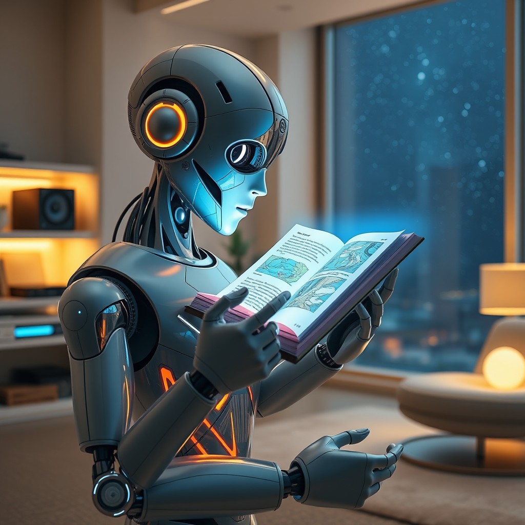 A futuristic robot engrossed in reading a holographic book, featuring an advanced design with smooth metallic surfaces and glowing lines