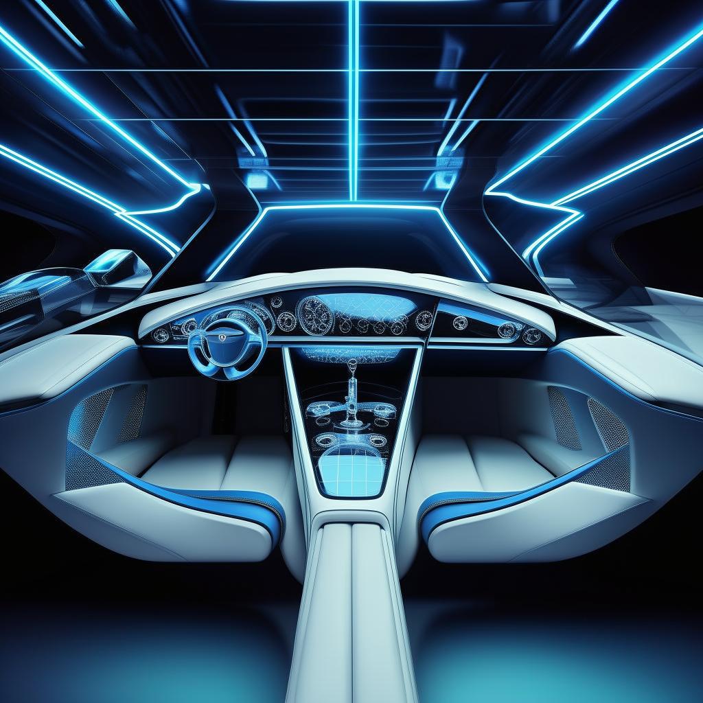 An 8K resolution, 1080HP picture quality depiction of a futuristic Bentley supercar interior. Envision luxurious details such as high-quality white and royal blue leather, transparent glass features, glowing with ethereal neon blue specs all around, symbolizing ultramodern luxury.