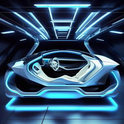 An 8K resolution, 1080HP picture quality depiction of a futuristic Bentley supercar interior. Envision luxurious details such as high-quality white and royal blue leather, transparent glass features, glowing with ethereal neon blue specs all around, symbolizing ultramodern luxury.