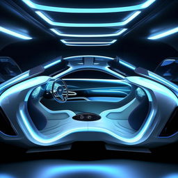 An 8K resolution, 1080HP picture quality depiction of a futuristic Bentley supercar interior. Envision luxurious details such as high-quality white and royal blue leather, transparent glass features, glowing with ethereal neon blue specs all around, symbolizing ultramodern luxury.