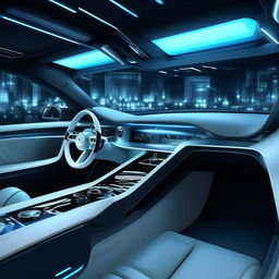 An 8K resolution, 1080HP picture quality depiction of a futuristic Bentley supercar interior. Envision luxurious details such as high-quality white and royal blue leather, transparent glass features, glowing with ethereal neon blue specs all around, symbolizing ultramodern luxury.