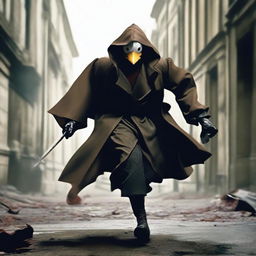 A menacing assassin in a flowing, wind-blown trench coat, running towards the camera. He wears a mask resembling a duck's face and brandishes a bloody knife held high in one arm.