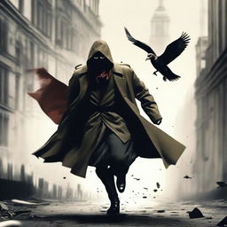 A menacing assassin in a flowing, wind-blown trench coat, running towards the camera. He wears a mask resembling a duck's face and brandishes a bloody knife held high in one arm.