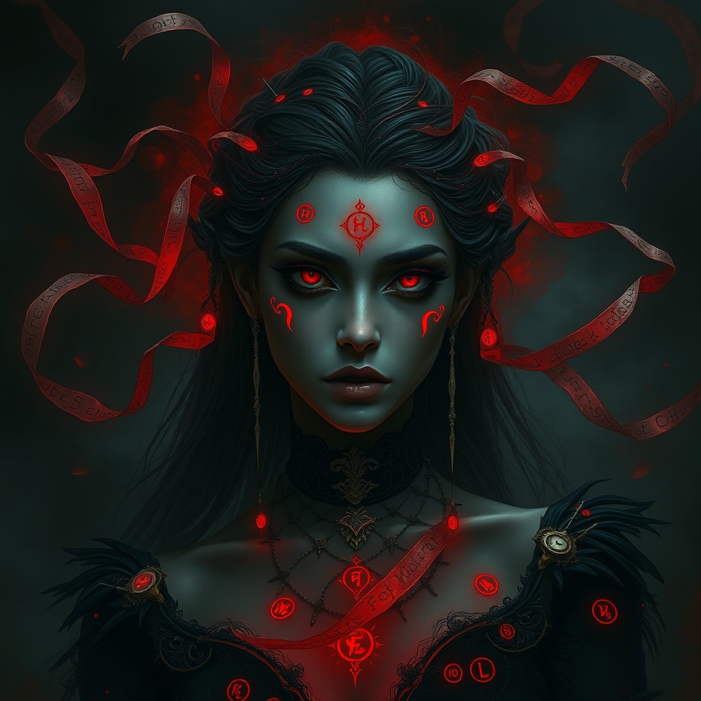 A captivating female vampire depicted in a dark, moody atmosphere