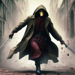 A menacing assassin in a flowing, wind-blown trench coat, running towards the camera. He wears a mask resembling a duck's face and brandishes a bloody knife held high in one arm.