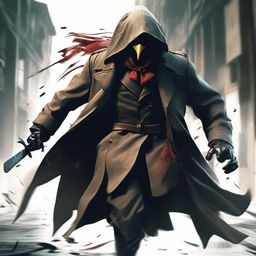 A menacing assassin in a flowing, wind-blown trench coat, running towards the camera. He wears a mask resembling a duck's face and brandishes a bloody knife held high in one arm.