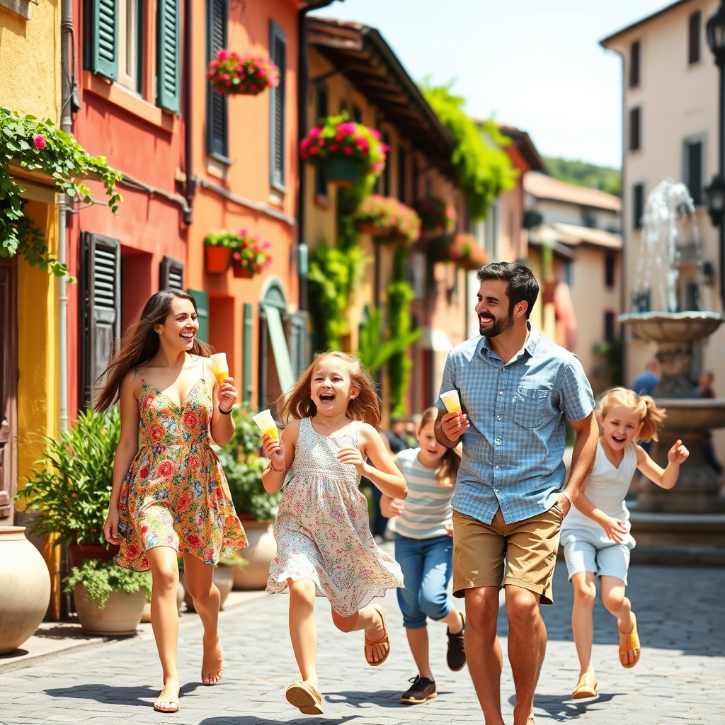 A vibrant and cheerful Italian family enjoying a sunny day in Italy