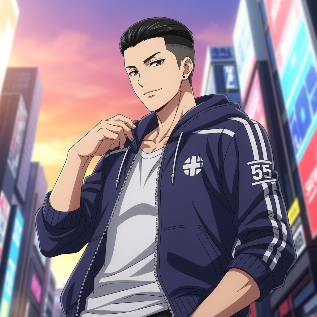An anime male character with a lean, athletic appearance, around the age of 18