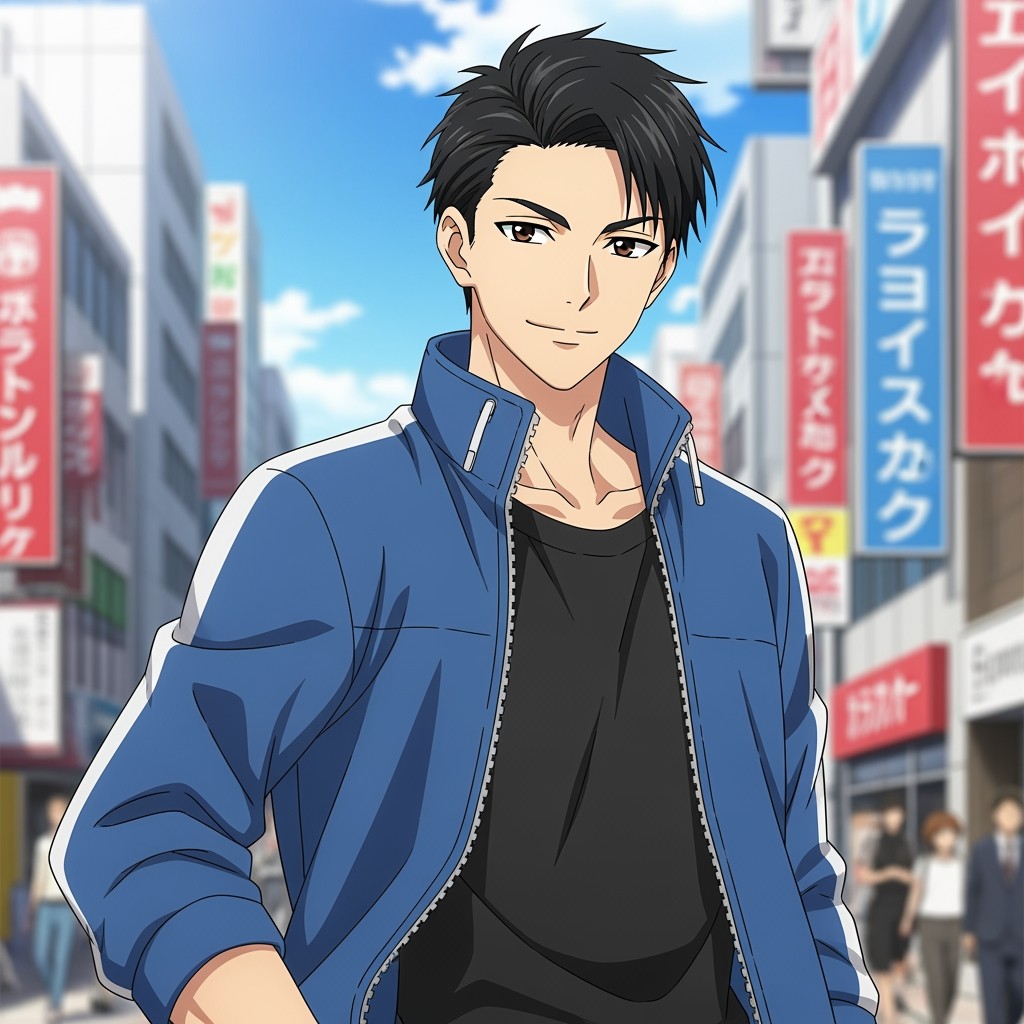 An anime male character with a lean, athletic appearance, around the age of 18