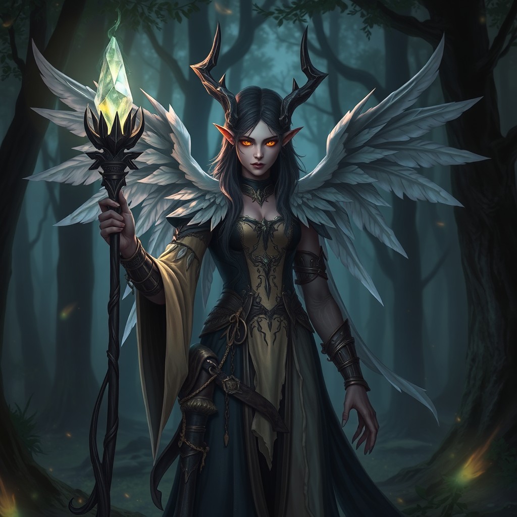 A fallen Aasimar Warlock character, featuring ethereal and celestial elements in their attire, adorned with tattered wings that hint at their fallen status