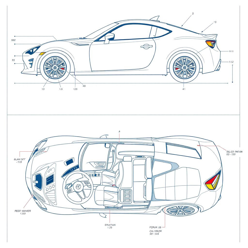 Detailed blueprints of a Toyota 86, showcasing its exterior and interior designs