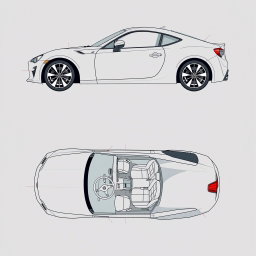 Detailed blueprints of a Toyota 86, showcasing its exterior and interior designs