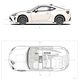 Detailed blueprints of a Toyota 86, showcasing its exterior and interior designs