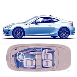 Detailed blueprints of a Toyota 86, showcasing its exterior and interior designs