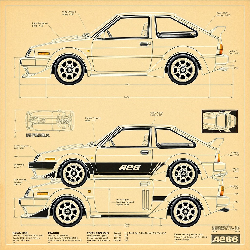Detailed blueprints of a modified Panda Trueno AE86, showcasing intricate designs for body modifications, including wide body kit, custom bumpers, and sporty spoilers
