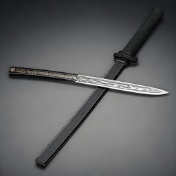 A detailed image of a sleek, black katana with a straight blade. Mysterious, ancient runes are intricately engraved on its blade, glowing subtly against the dark background.