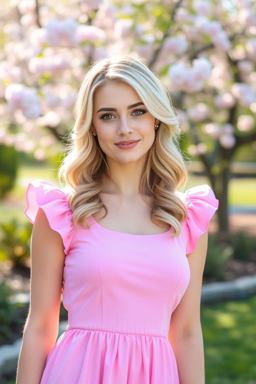 A young blonde woman in her 20s with highlights, wearing a cute pink baby doll dress