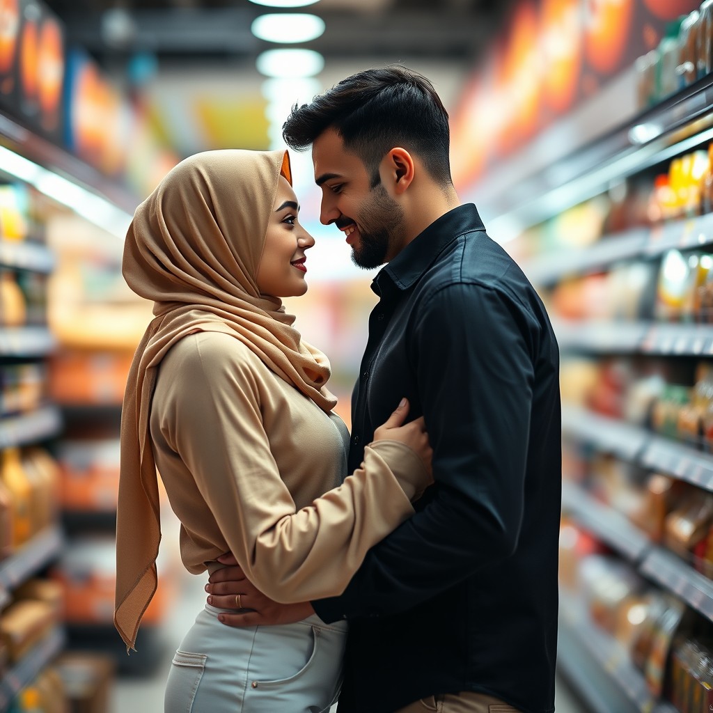 A romantic photoshoot capturing a deep emotional bond between a couple in a supermarket aisle