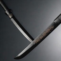 A detailed image of a sleek, black katana with a straight blade. Mysterious, ancient runes are intricately engraved on its blade, glowing subtly against the dark background.