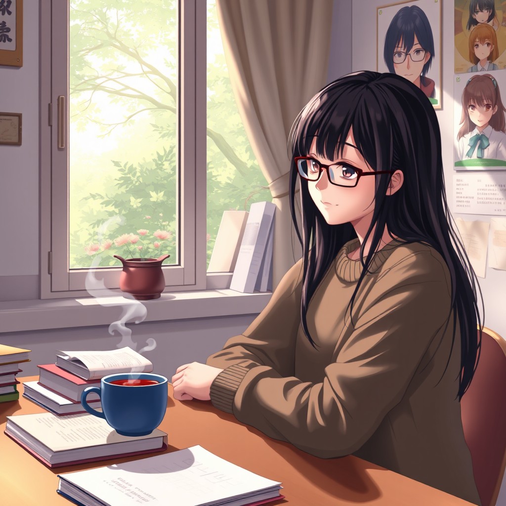 A young woman sitting at a desk, deeply focused on her studies