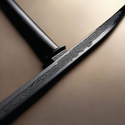 A detailed image of a sleek, black katana with a straight blade. Mysterious, ancient runes are intricately engraved on its blade, glowing subtly against the dark background.