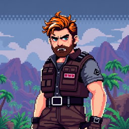 Pixel art portrait of JD Vance in a Contra-style video game character design