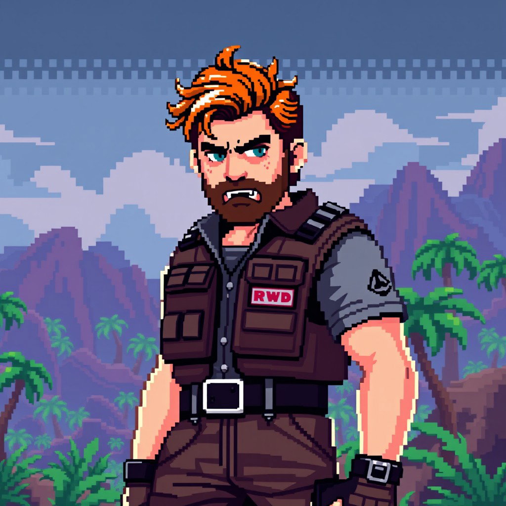 Pixel art portrait of JD Vance in a Contra-style video game character design