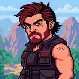 Pixel art portrait of JD Vance in a Contra-style video game character design