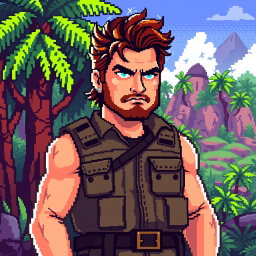 Pixel art portrait of JD Vance in a Contra-style video game character design
