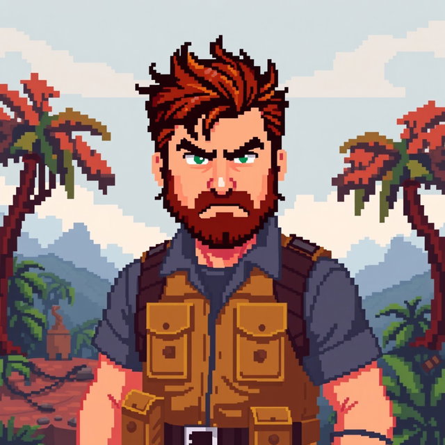 Pixel art portrait of JD Vance in a Contra-style video game character design
