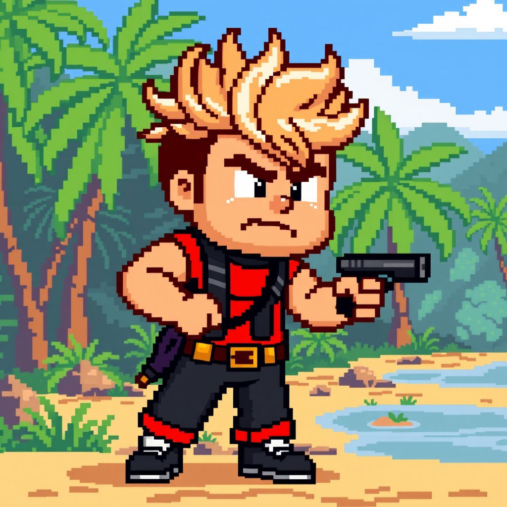 A pixel art representation of JD Vance in a Contra video game style