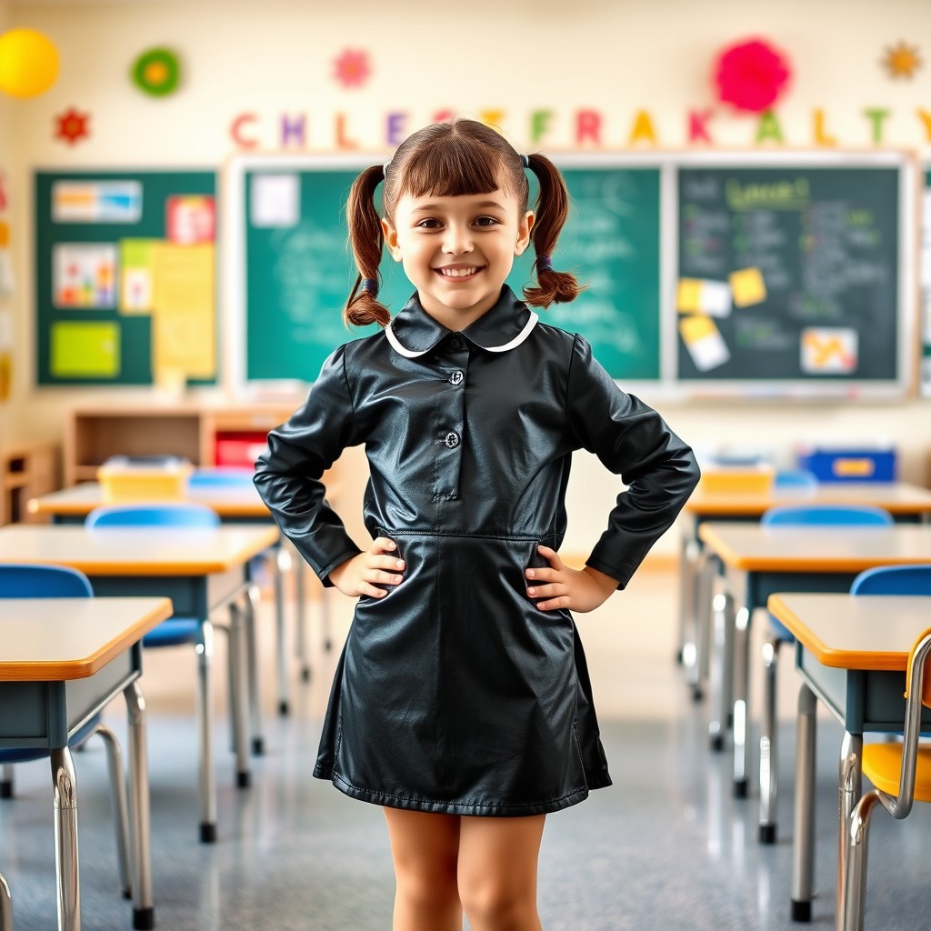 A cheerful 10-year-old girl wearing a black shiny mini dress uniform with long sleeves and short pigtails