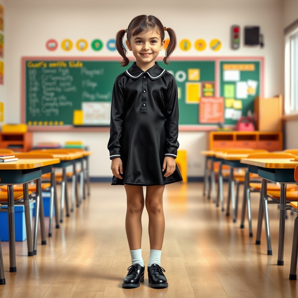 A realistic portrayal of a 10-year-old girl wearing a black shiny mini dress uniform with long sleeves and short pigtails