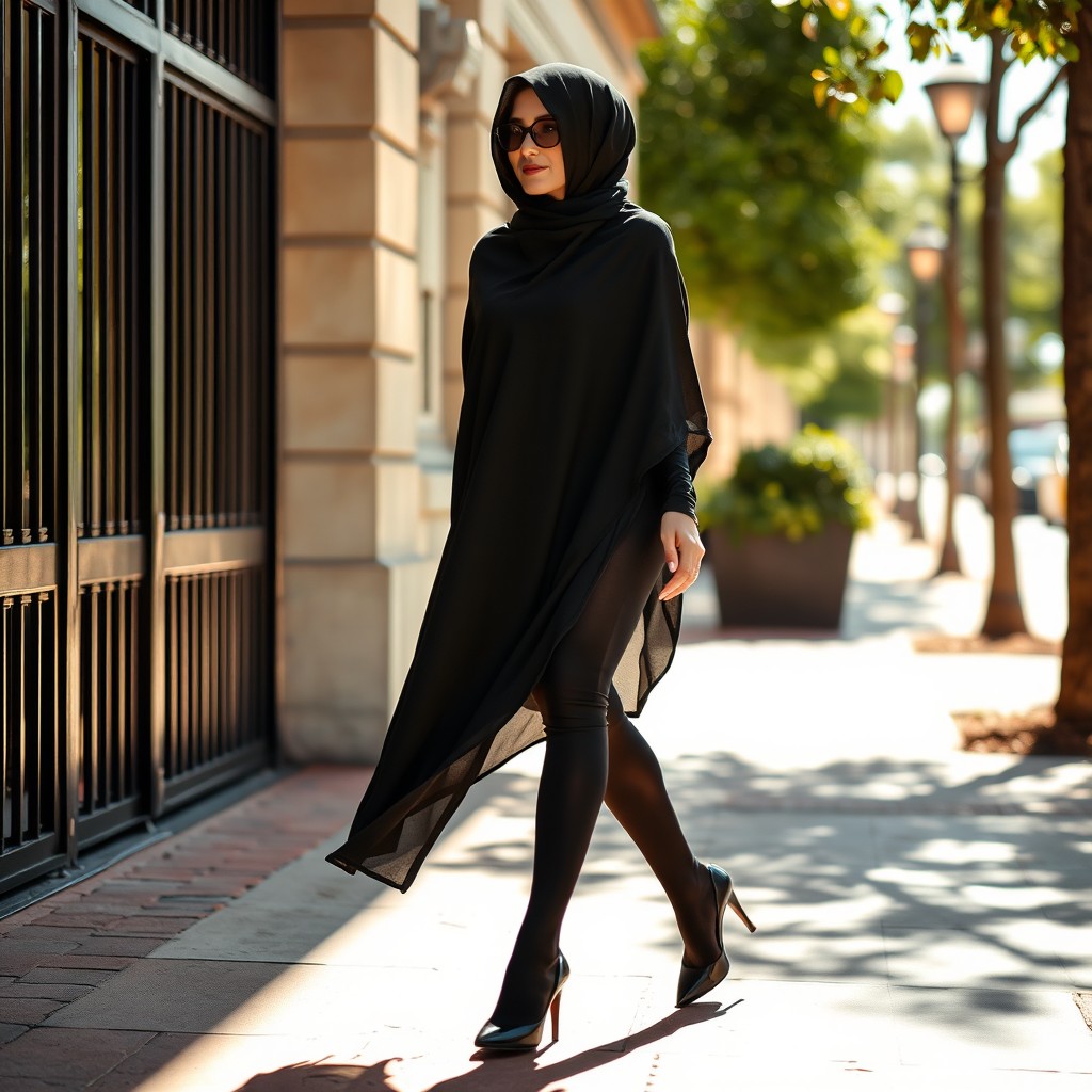 A woman in a chador, elegantly dressed in a thick black chador that drapes gracefully over her form