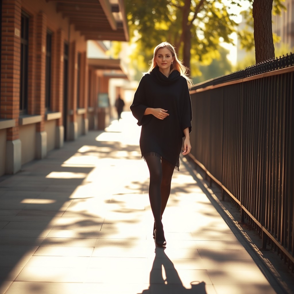 A woman dressed in a thick black chador walking elegantly on a sunlit sidewalk during a hot summer day