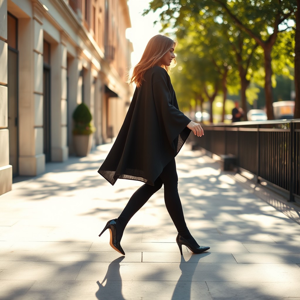 A woman elegantly dressed in a thick black chador walking gracefully on a sunlit sidewalk during a hot summer day