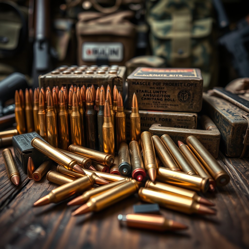 A close-up view of various types of ammunition displayed artistically on a rustic wooden table