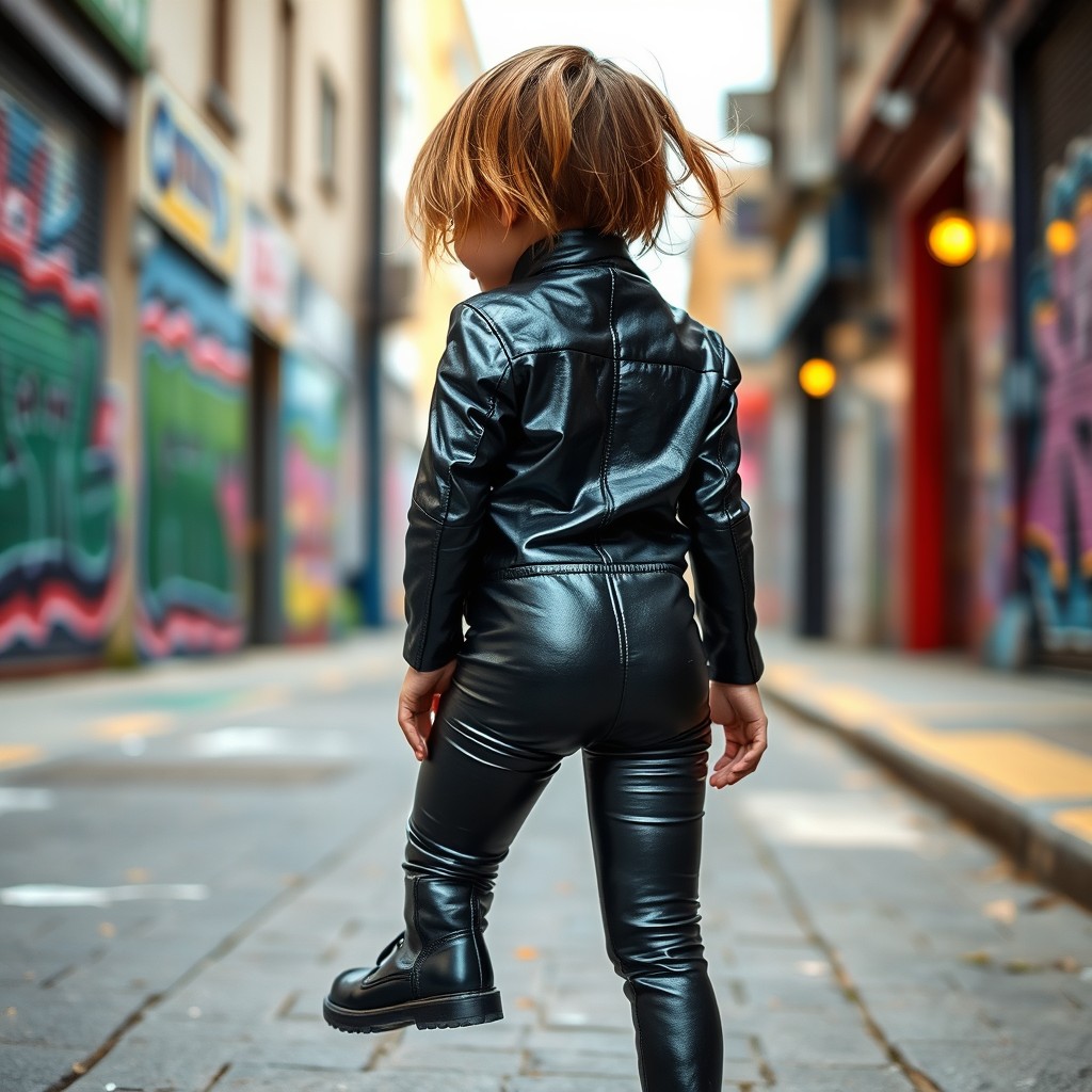 A full-body shot of a child wearing iridescent black leather tights, captured from the back to highlight the stylish look of the garment