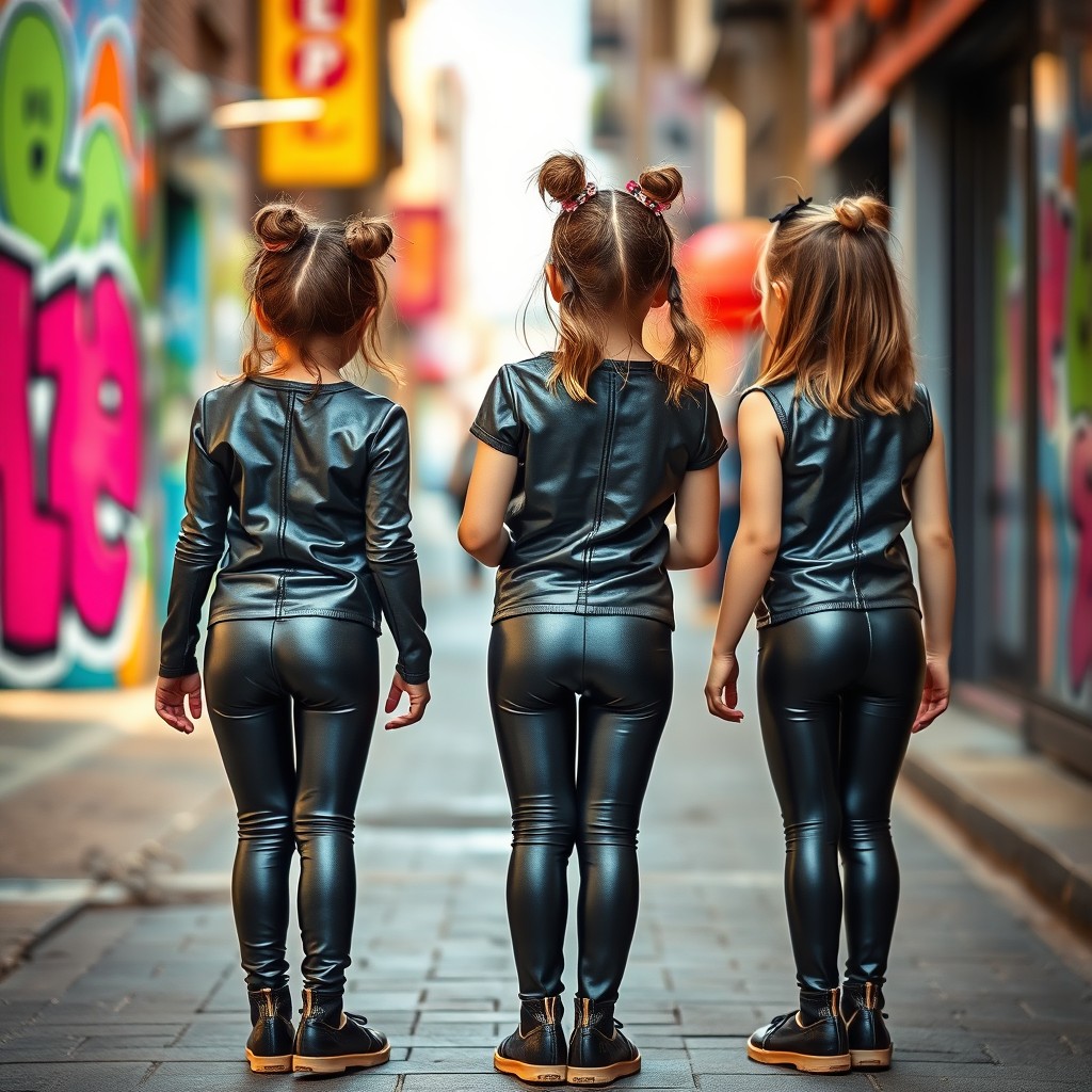 A playful scene featuring a group of three little girls, all around 7 years old, wearing iridescent black leather tights