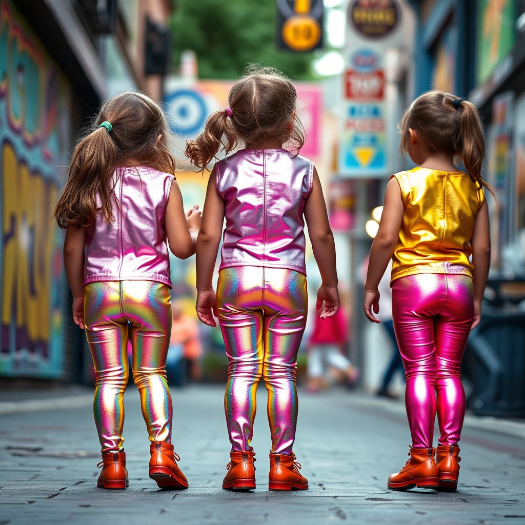 A vibrant scene featuring a group of three little girls, all around 7 years old, each wearing iridescent leather tights