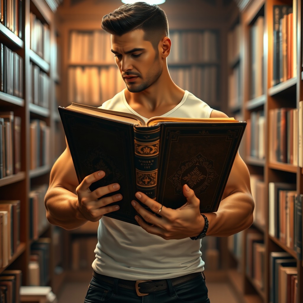 A muscular man with short dark hair, wearing a fitted white shirt and black jeans, holding a large, ornate book in his hands