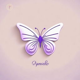 Create a logo featuring a lilac linear butterfly, positioned sideways, elegantly resting on a letter 'P' designed in calligraphy font.