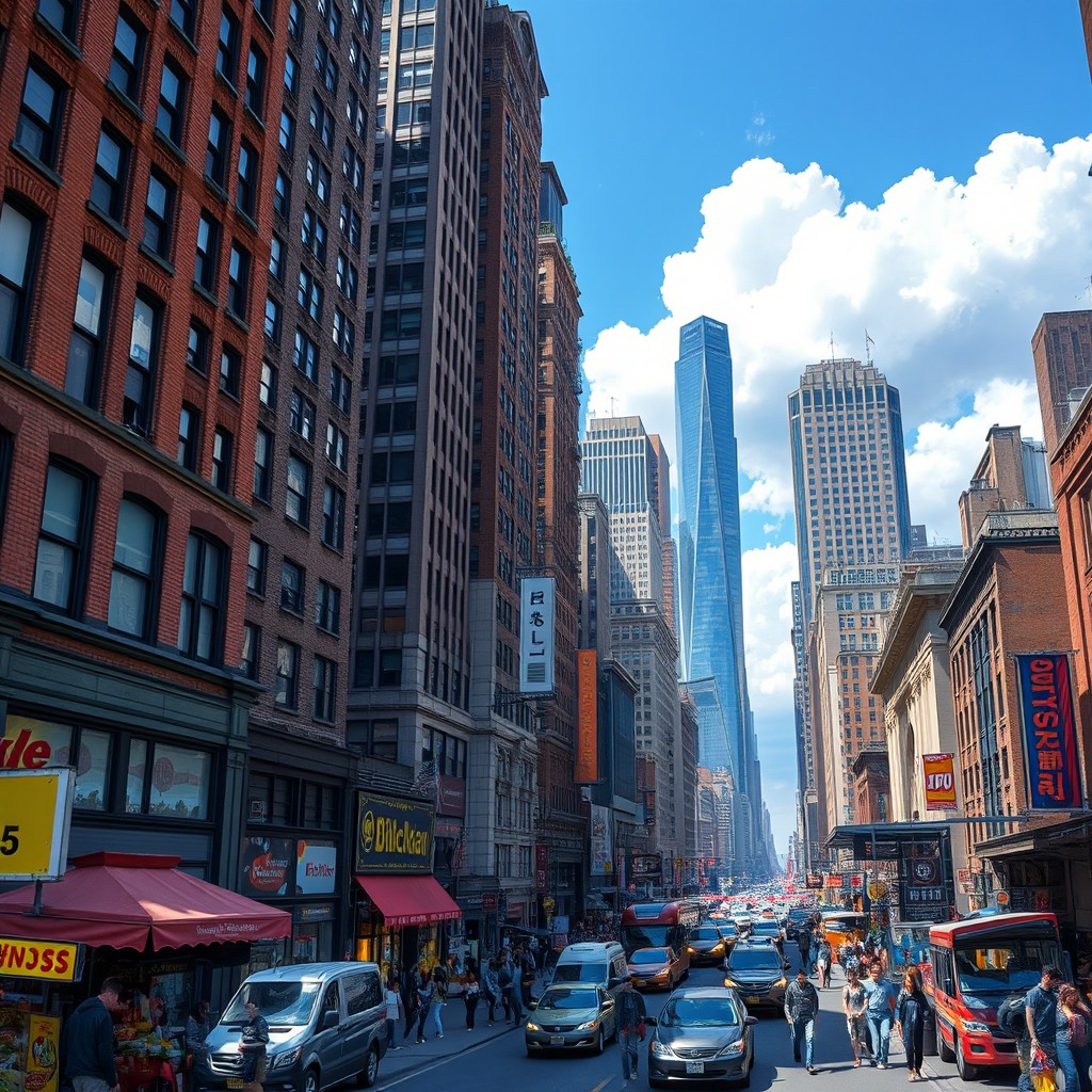 A bustling urban cityscape reminiscent of Spider-Man's background, featuring tall skyscrapers with intricate architectural details, some with brick textures and modern glass panels
