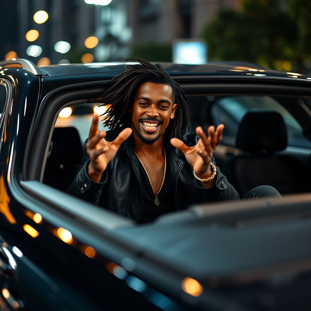 A dynamic scene showcasing the legendary soccer player Ronaldinho sitting at the back of a sleek black sedan