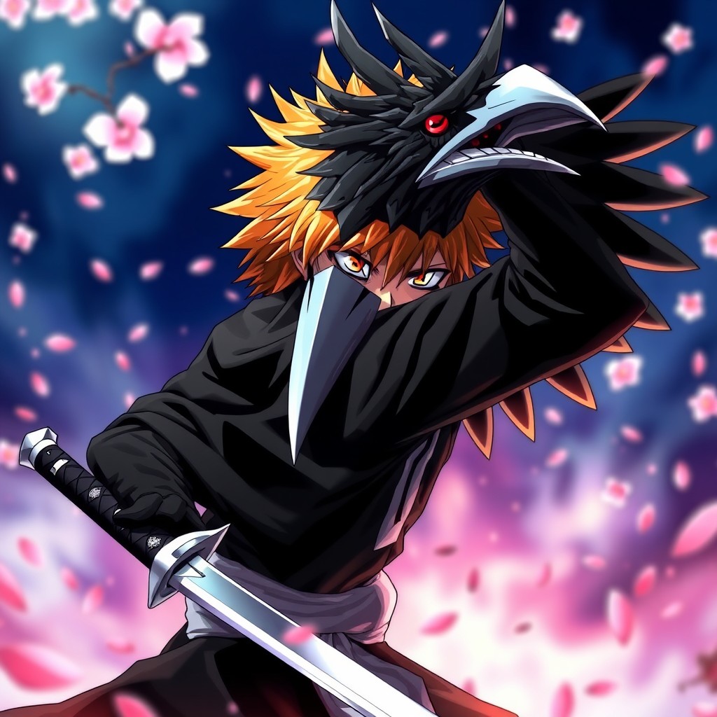 Ichigo Kurosaki from Bleach, depicted in a dynamic action pose, wearing an intricate crow mask that emphasizes his warrior spirit