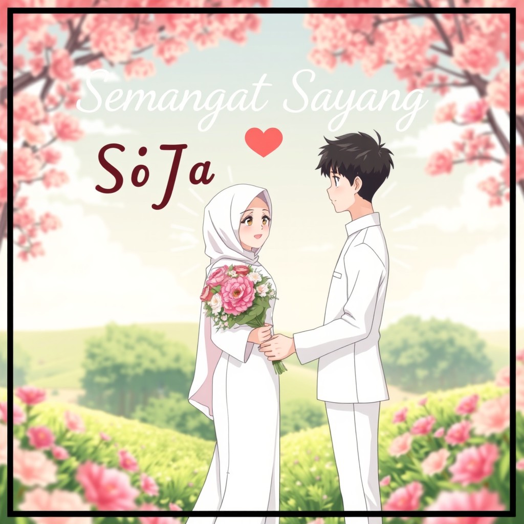 An anime-style poster featuring a romantic scene with two characters, a male and a female in hijab, standing together in a heartfelt moment