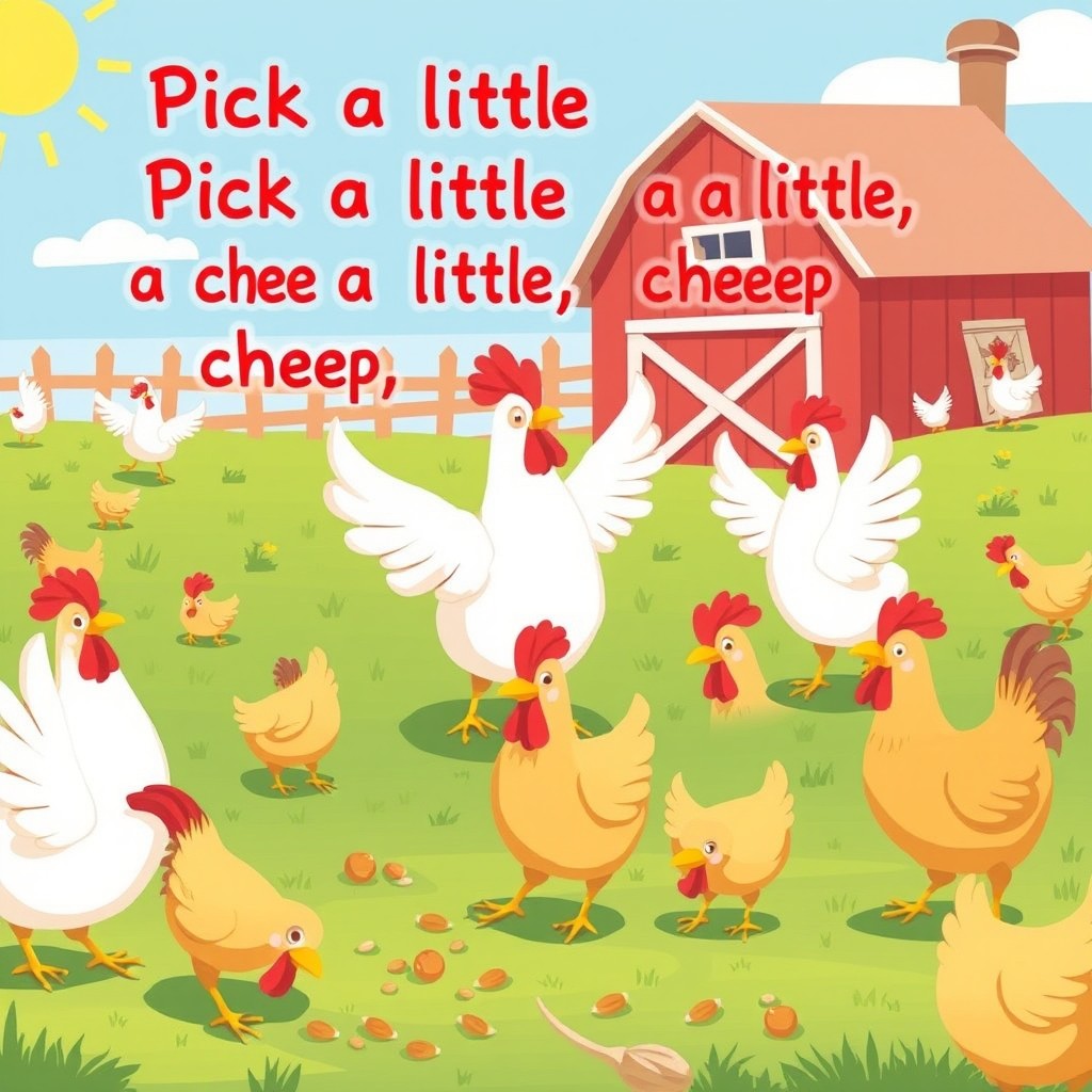 A whimsical and colorful illustration inspired by the phrase 'Pick a little talk a little cheep cheep cheep